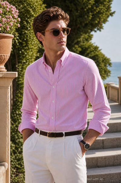 Stripe Oxford Logo Sport Shirt - Pink - Collared Shirt