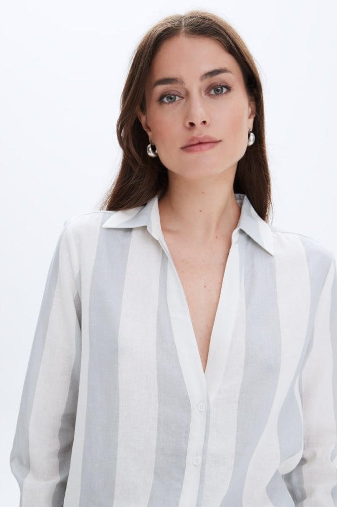 Striped Frida Linen Button Up Shirt - Limestone - Button Down Shirt