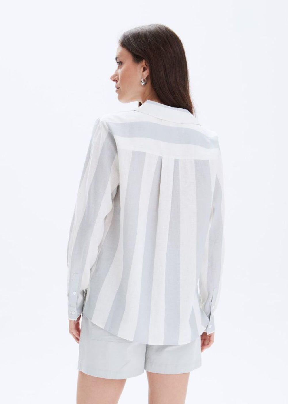 Striped Frida Linen Button Up Shirt - Limestone - Button Down Shirt