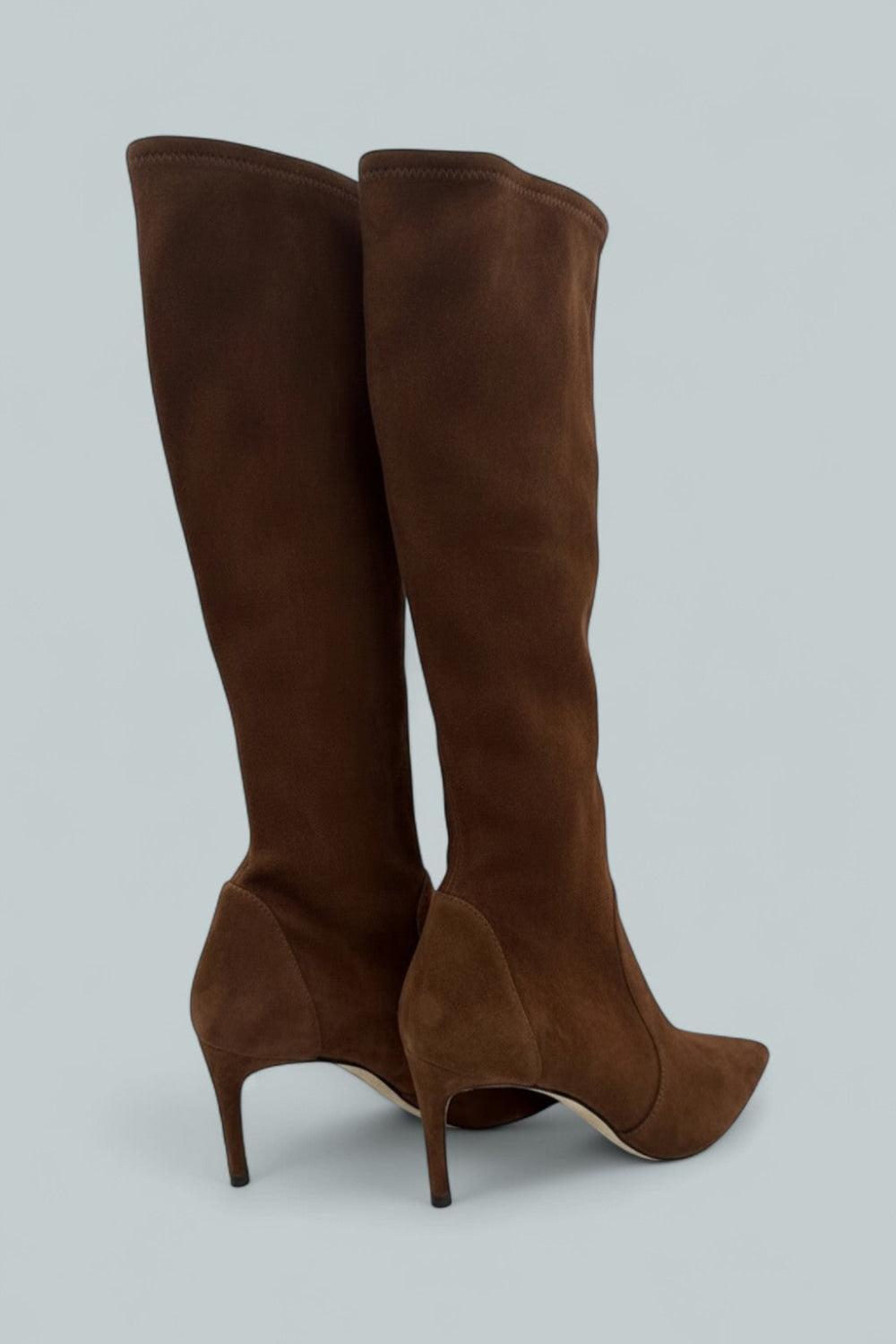 Stuart Power Suede Stiletto Knee Boots - Deep Coffee - 7 - Boots