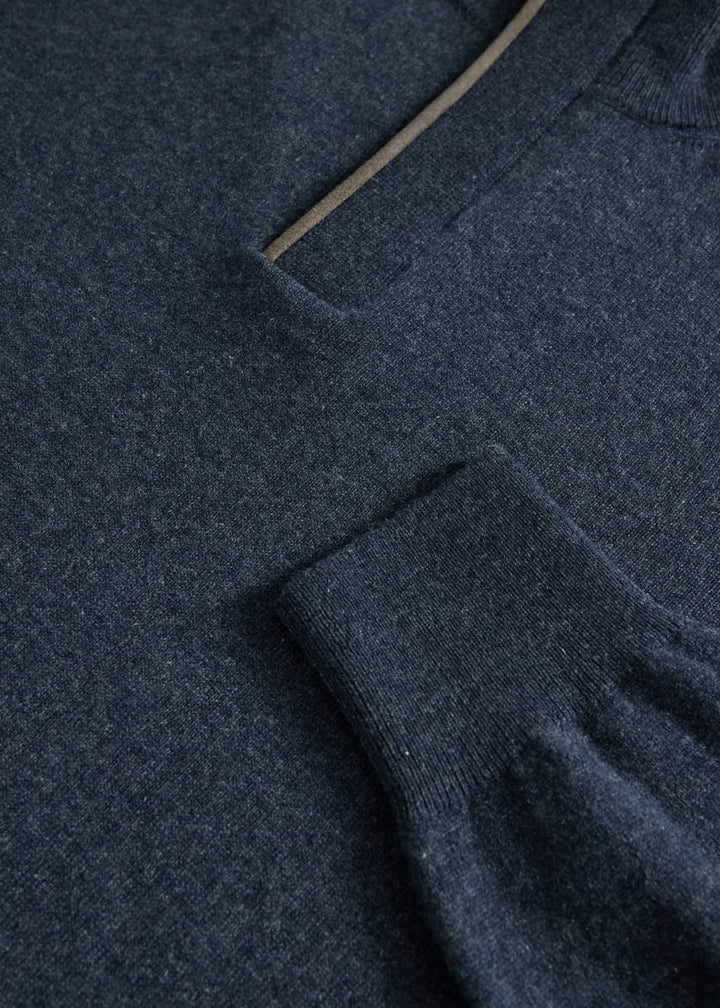Cashmere Quarter Zip With Suede Trim - Grey