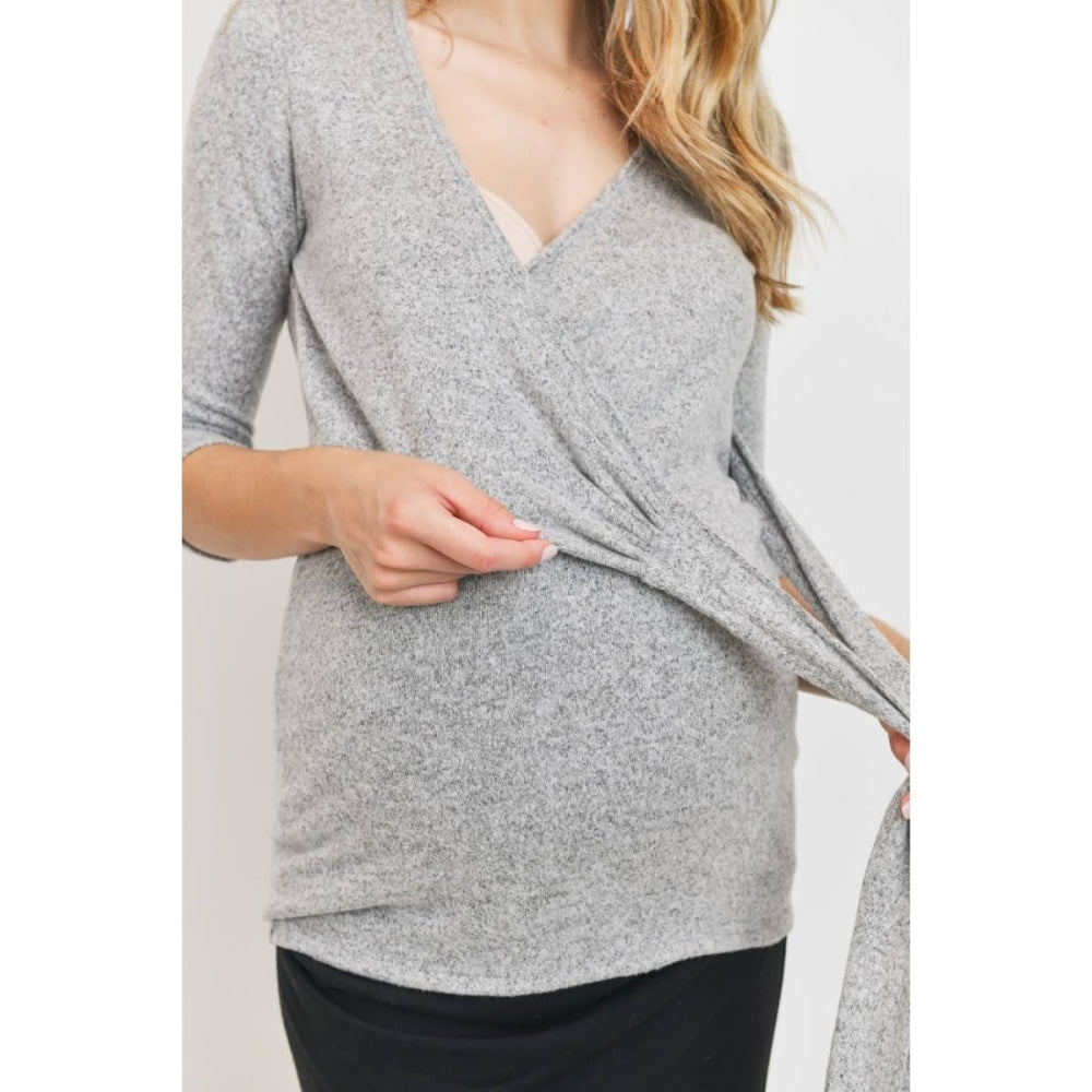 Surplice Wrap Long Sleeve Nursing Knit Top - Heather Grey - Shirt