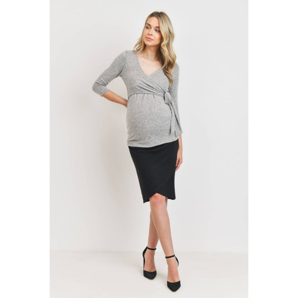 Surplice Wrap Long Sleeve Nursing Knit Top - Heather Grey - Shirt