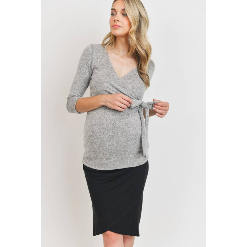 Surplice Wrap Long Sleeve Nursing Knit Top - Heather Grey - Shirt