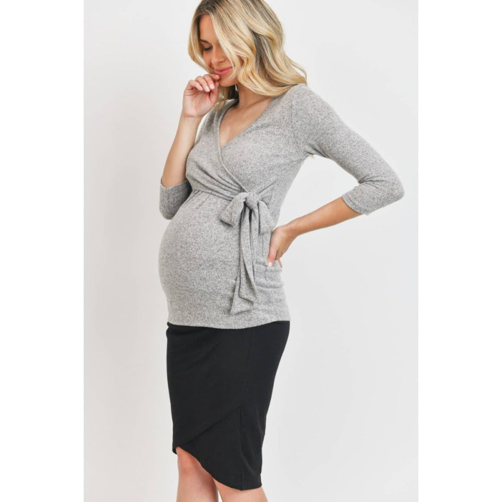 Surplice Wrap Long Sleeve Nursing Knit Top - Heather Grey - Shirt