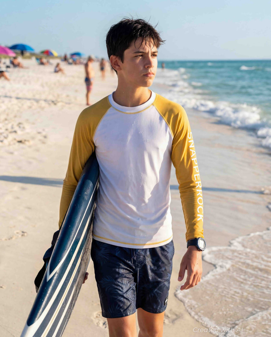 Sustainable LS Rash Top - White & Yellow - Rash Guard
