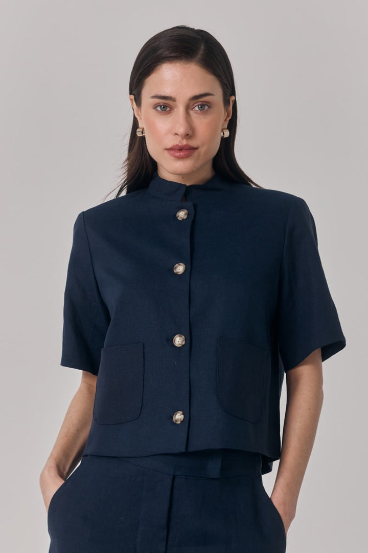 Short Sleeve Linen Jacket - Navy