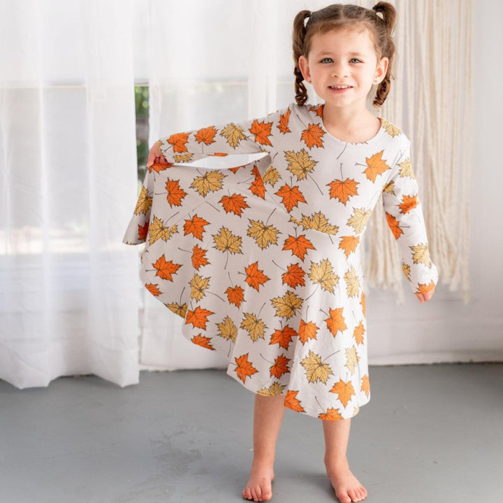 Swirly Girl Dress - Grey Leaves - Dresses