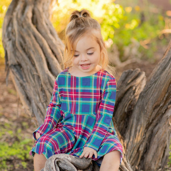 Swirly Girl Dress - Navy Tartan - Dresses