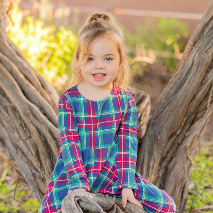 Swirly Girl Dress - Navy Tartan - Dresses