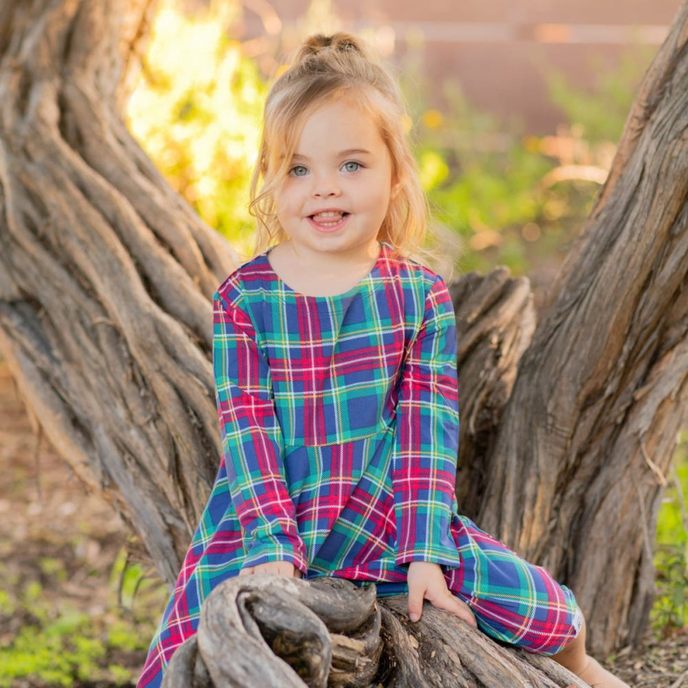Swirly Girl Dress - Navy Tartan - Dresses