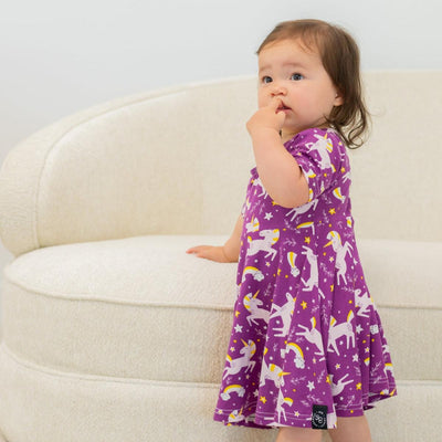 Swirly Girl Short Sleeve Dress - Grecian Unicorn Purple - Dresses