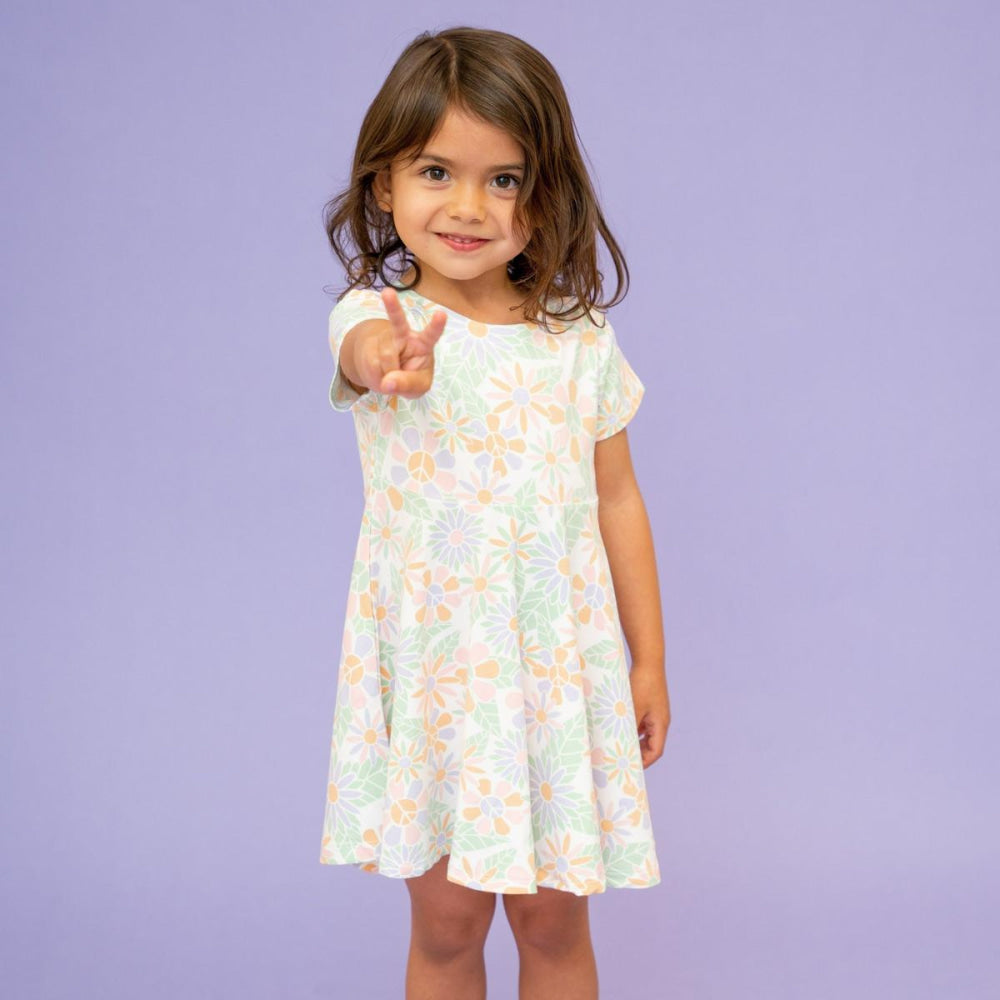 Swirly Girl Short Sleeve Dress - Groovy Flowers - Dresses
