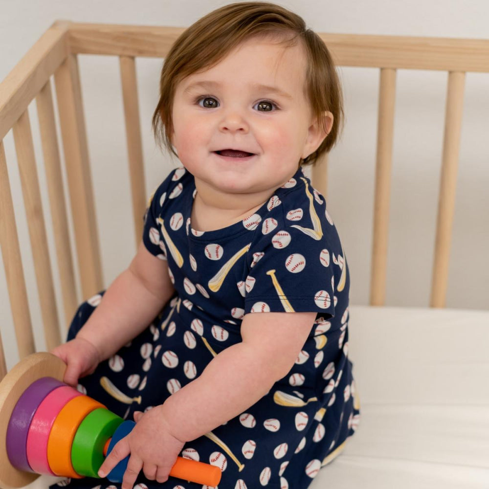 Swirly Girl Short Sleeve Dress - Little Slugger Navy - Dresses