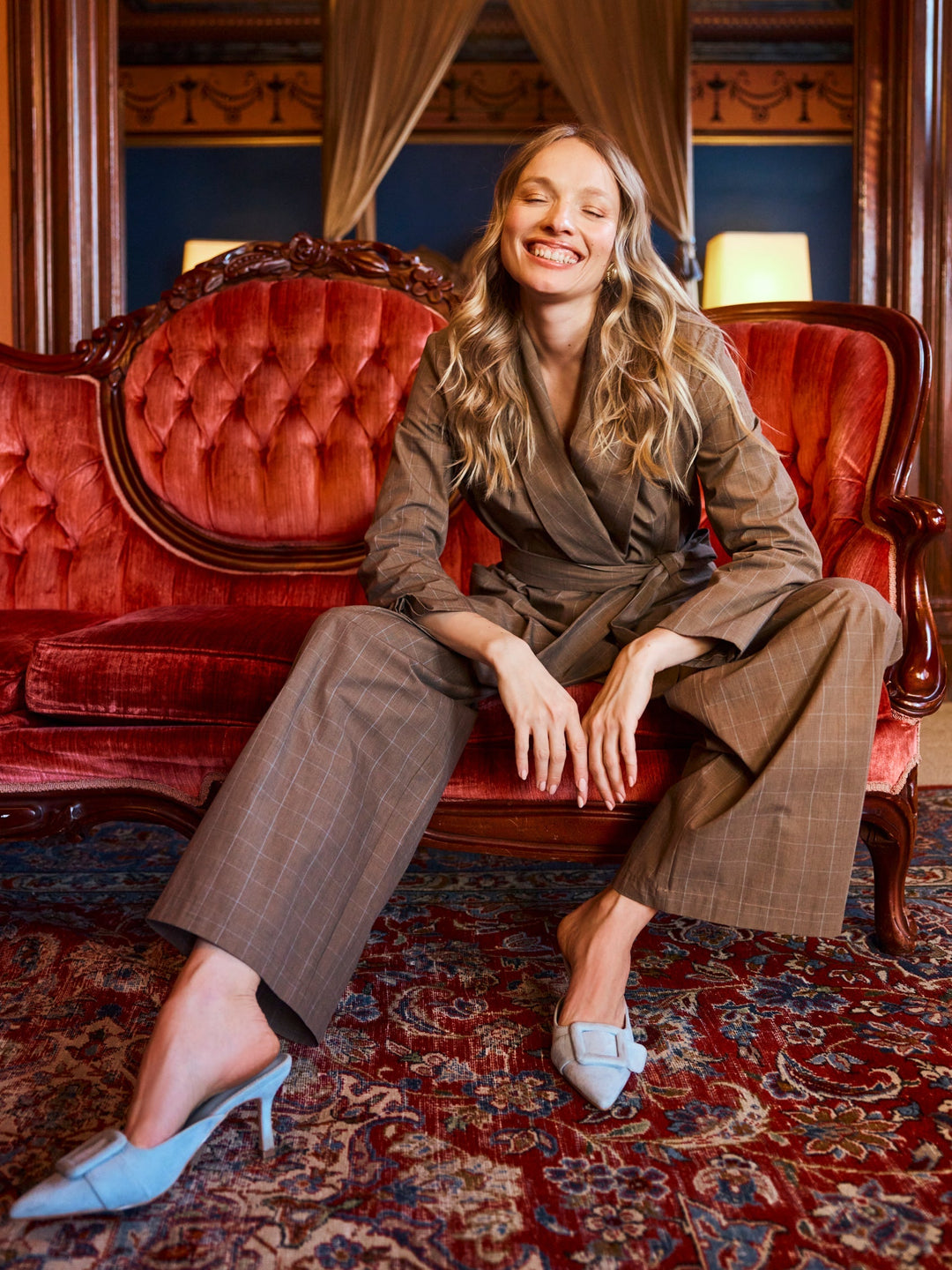 Blazer With Waist Tie - Coco Check with Baby Blue Pinstripe