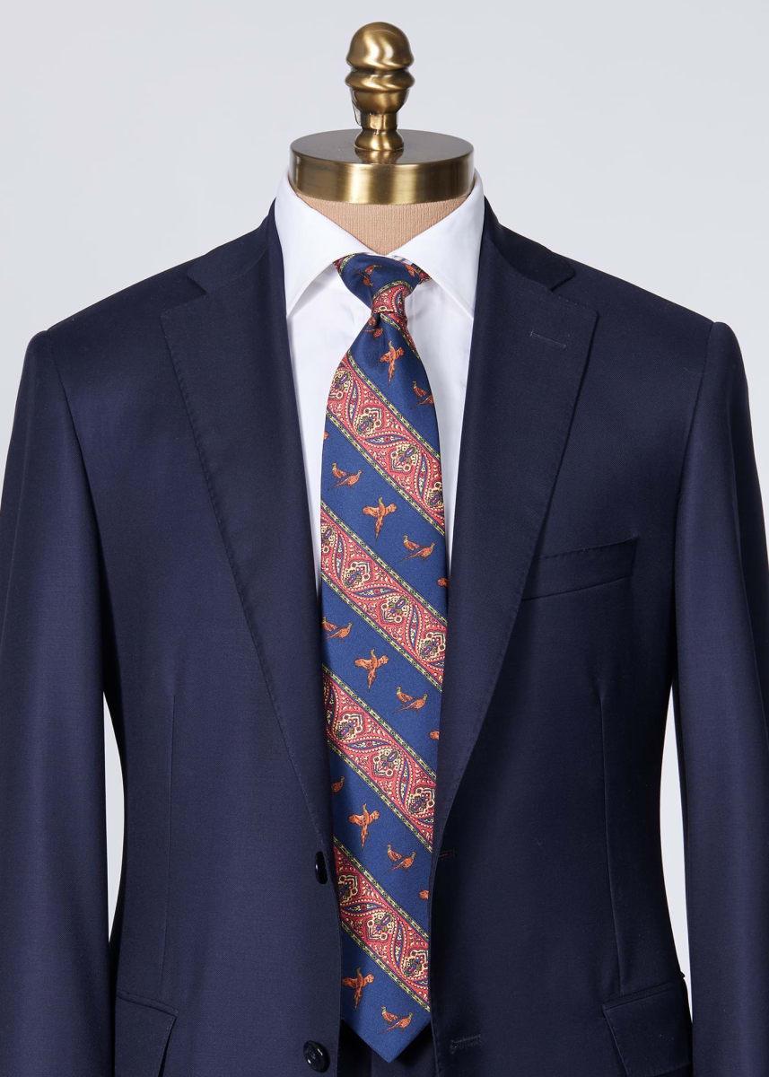 Deco Stripe and Bird Print Tie - Navy