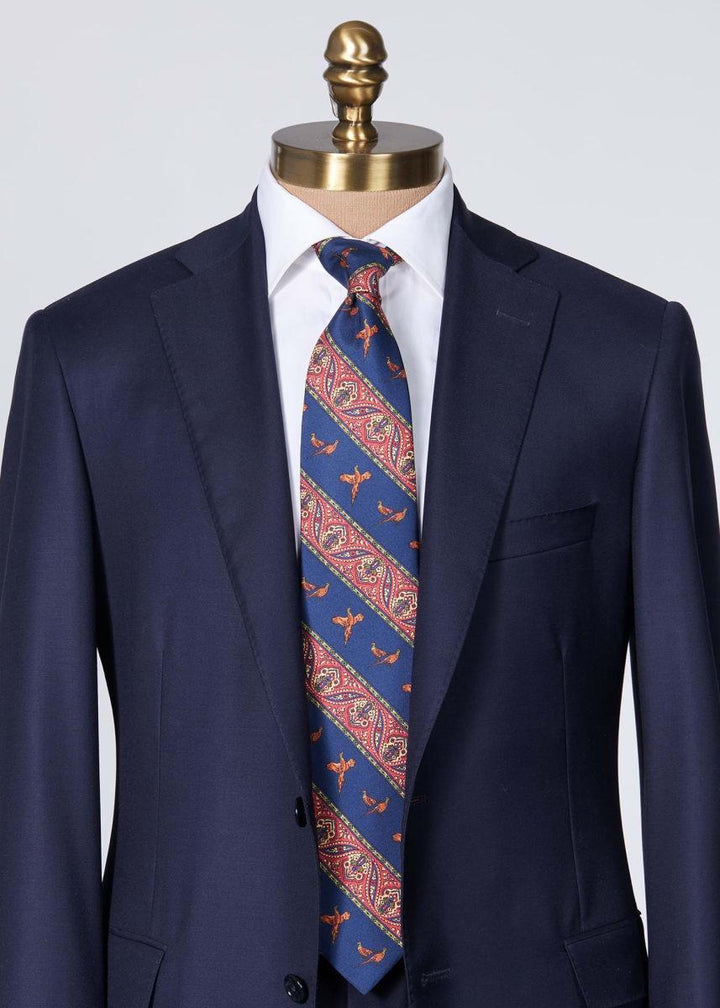 Deco Stripe and Bird Print Tie - Navy