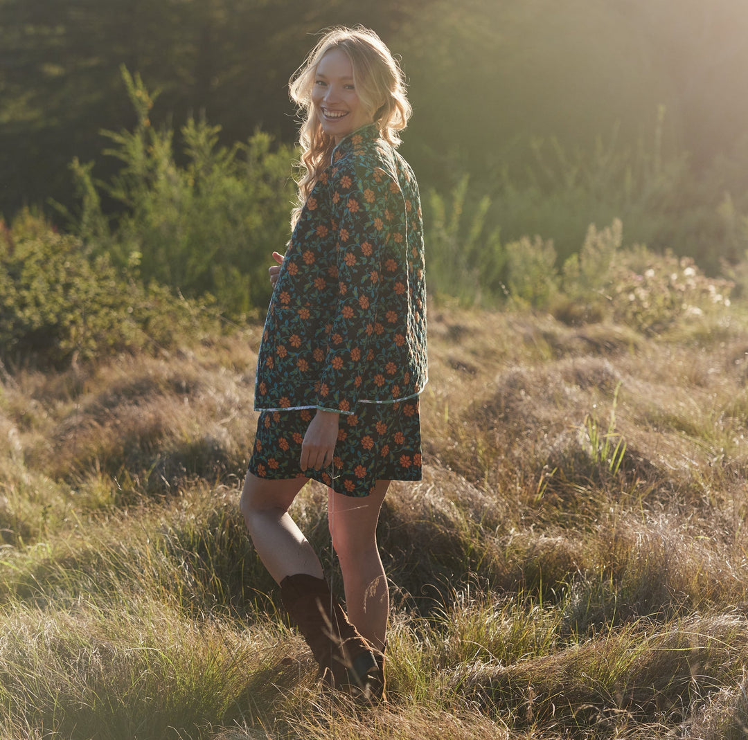 Nancy Reversible Quilted Jacket - Fern/Ivory Floral & Faded Black/Bright Clementine/Moss Floral Prints