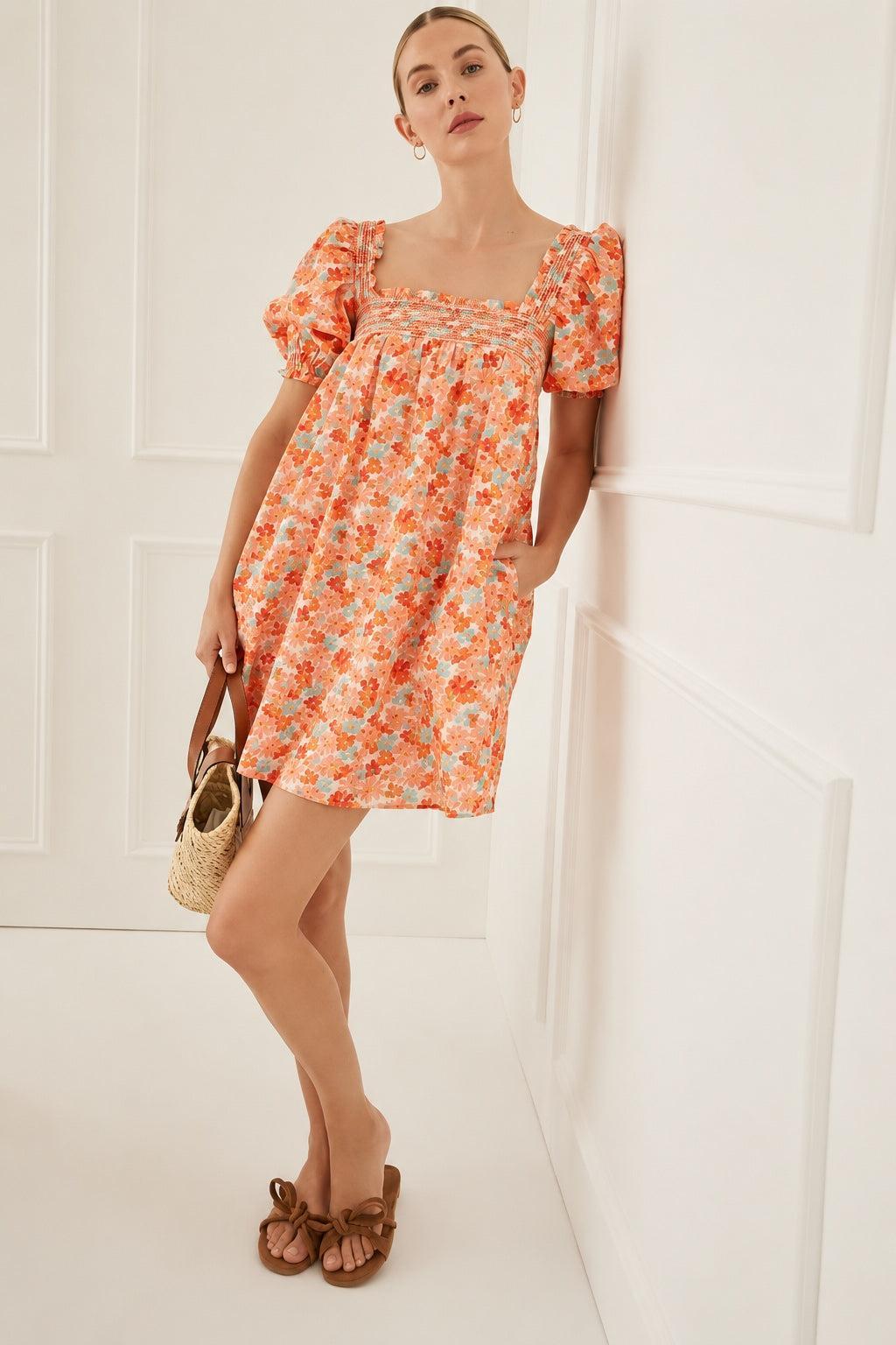 Floral Smocked Puff Shoulder Mini Dress - Orange Combo