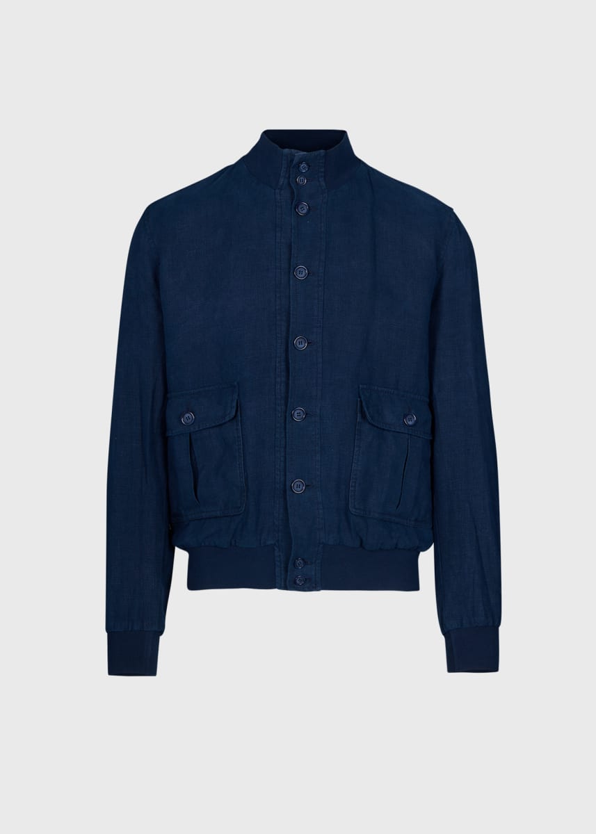 Linen Button Front Bomber Jacket - Navy