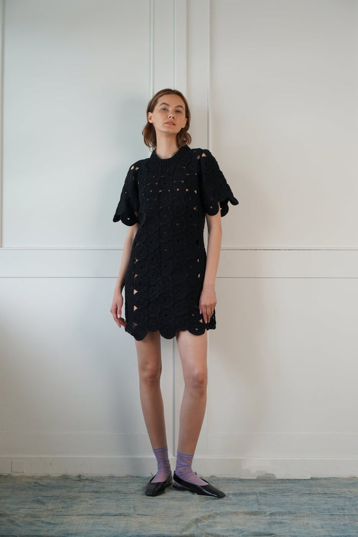Circle Crochet Tee Shirt Dress - Black