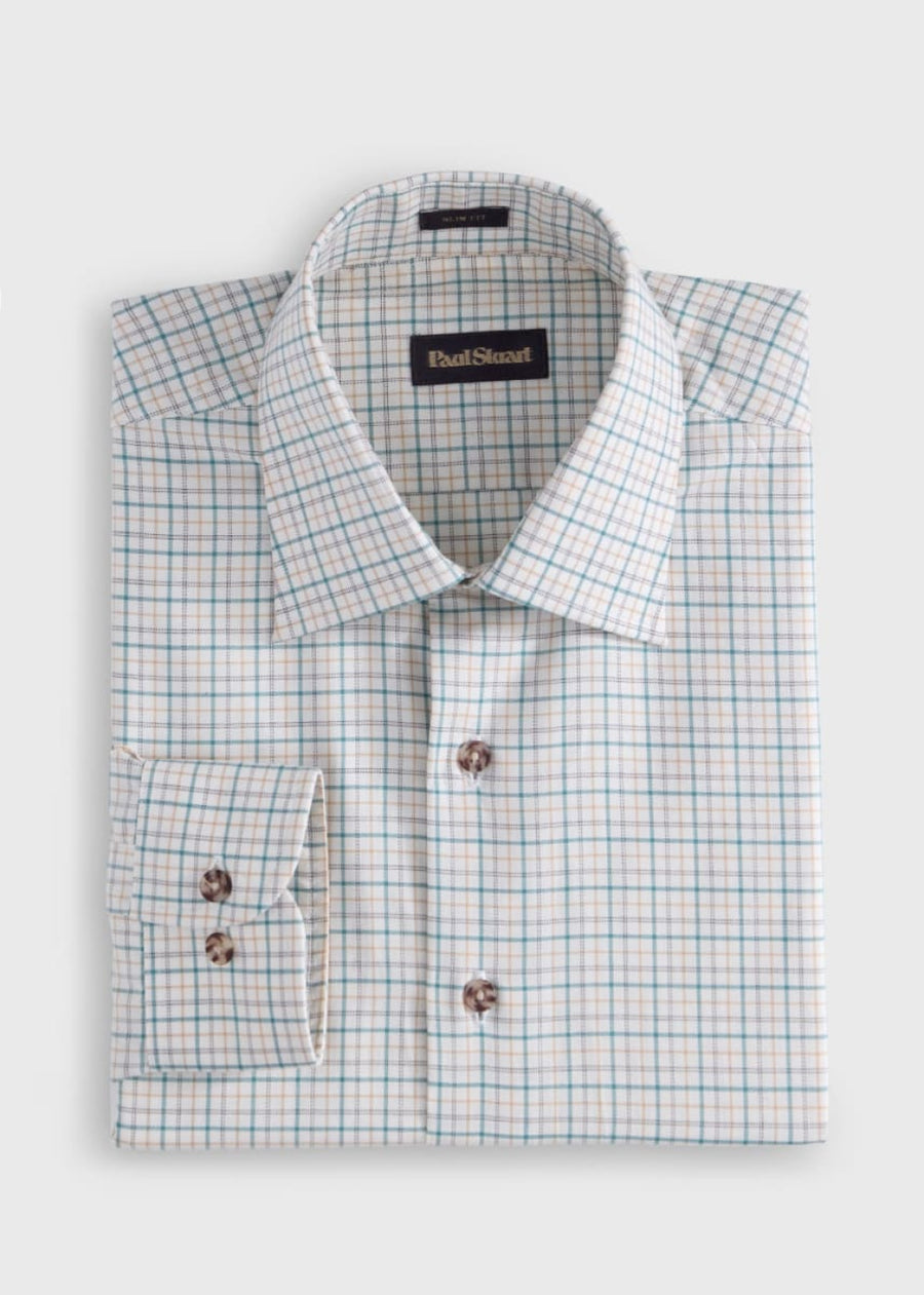 Tattersall Plaid Sport Shirt - Beige/Celery - Collared Shirt