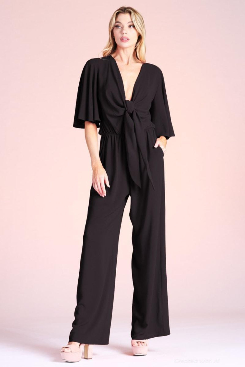 Textured Solid Tie Front Jumpsuit - Black - Jumpsuit