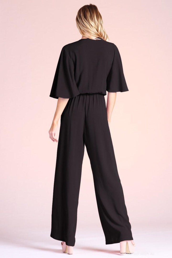 Textured Solid Tie Front Jumpsuit - Black - Jumpsuit