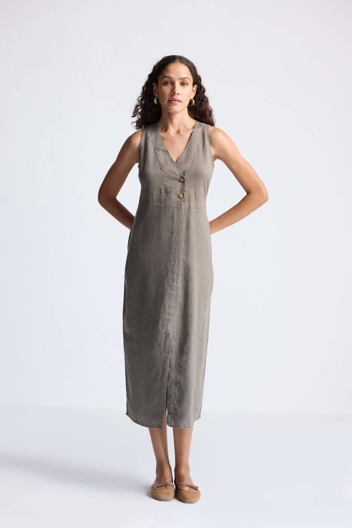 Straight Dress With Front Slit In Hemp - Dark Green