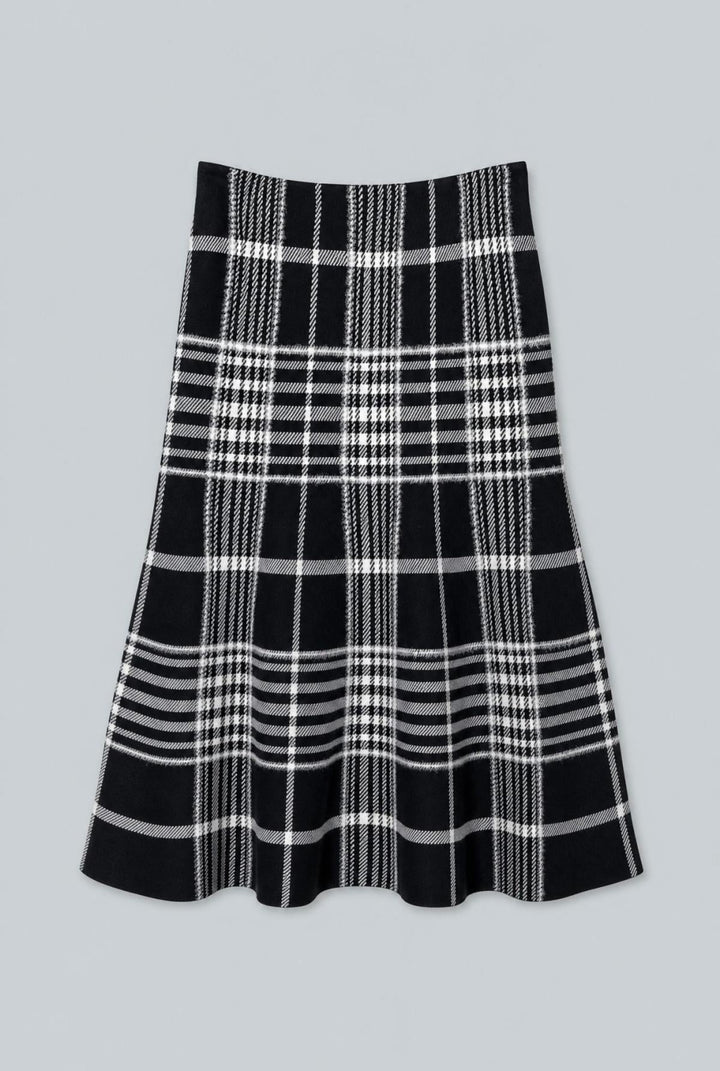 The Rory Flare Knit Skirt With Jacquard - Black Plaid - M - Skirt