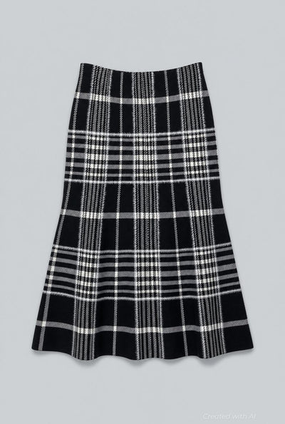 The Rory Flare Knit Skirt With Jacquard - Black Plaid - M - Skirt