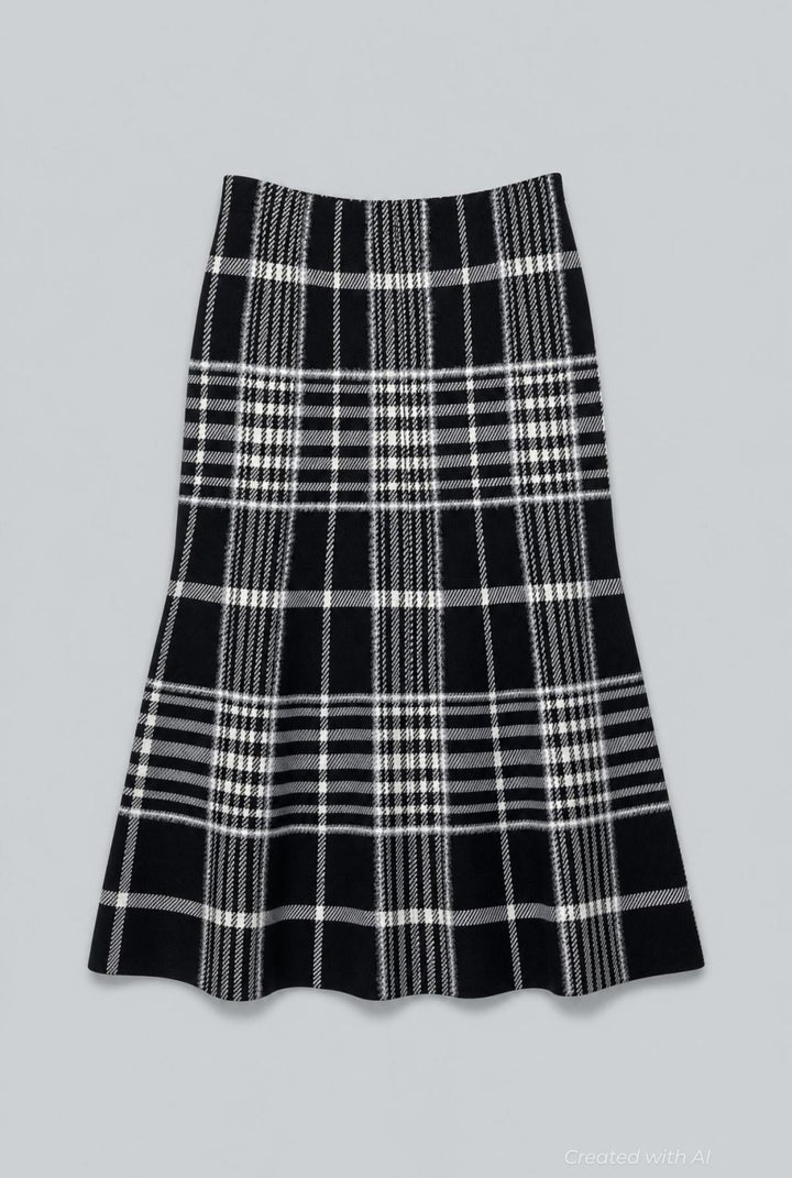 The Rory Flare Knit Skirt With Jacquard - Black Plaid - M - Skirt