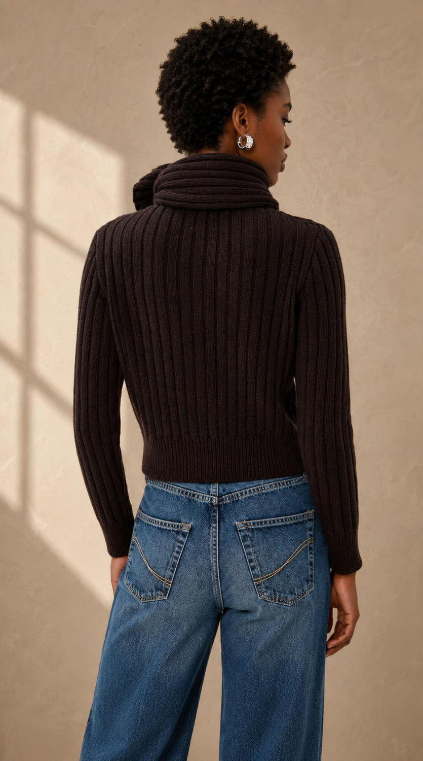 The Ryan Ribbed Scarf Cashmere Sweater - Chocolate Brown - Turtleneck