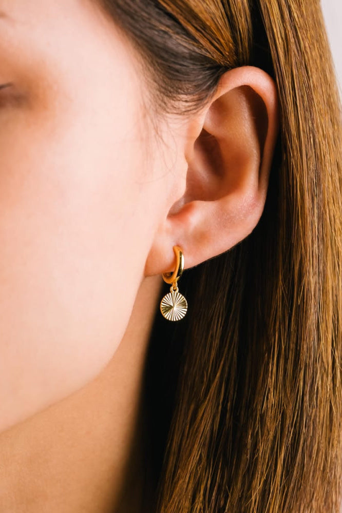 Coin Fluted Huggie Drop Hoop Earrings - Gold - Earrings