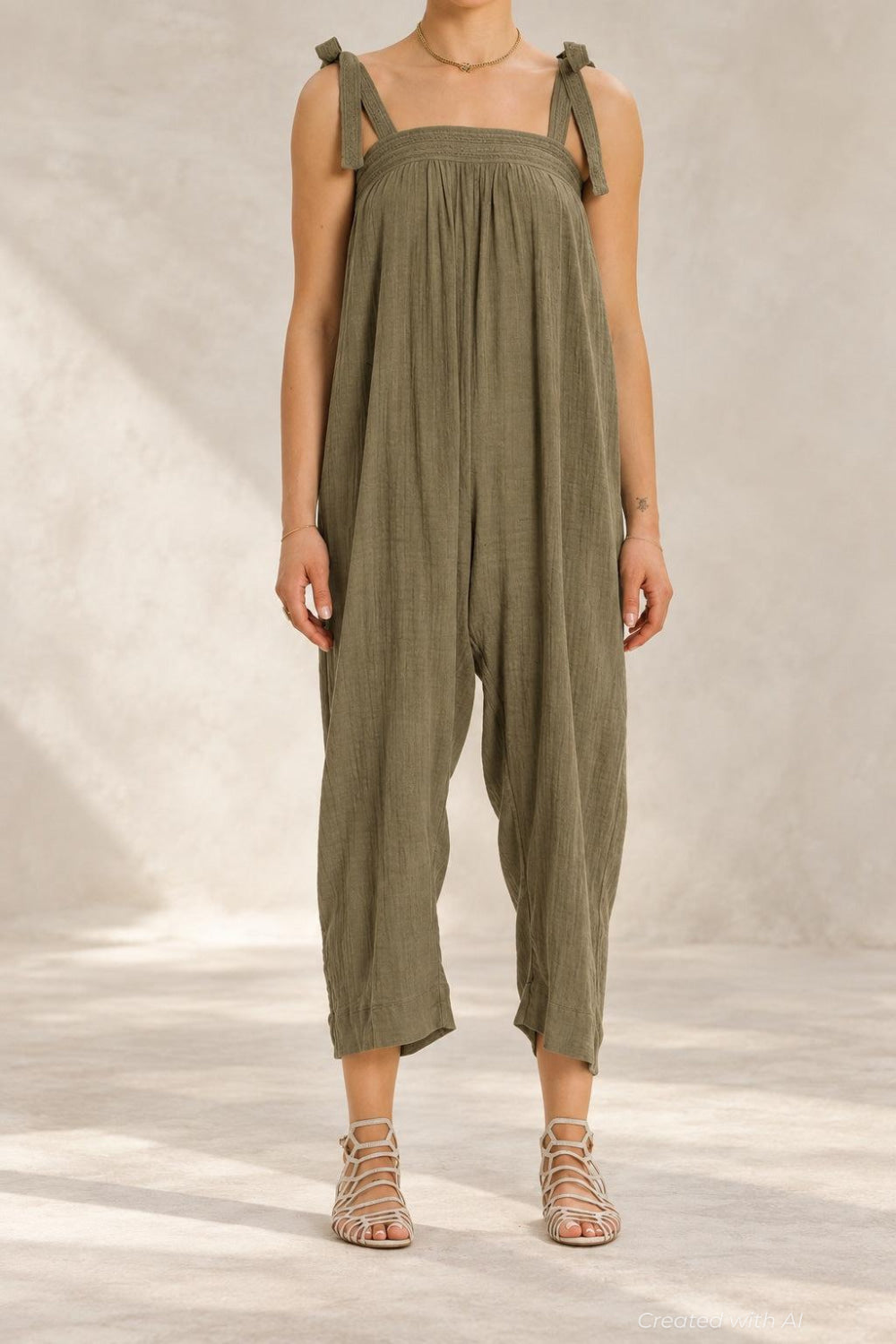 Tie Shoulder Wide Leg Jumpsuit - Army - Jumpsuit