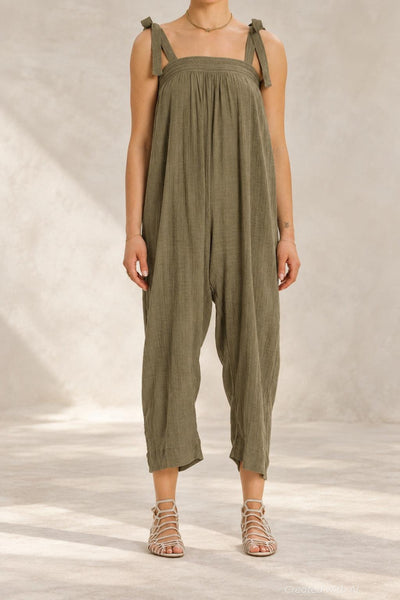 Tie Shoulder Wide Leg Jumpsuit - Army - Jumpsuit