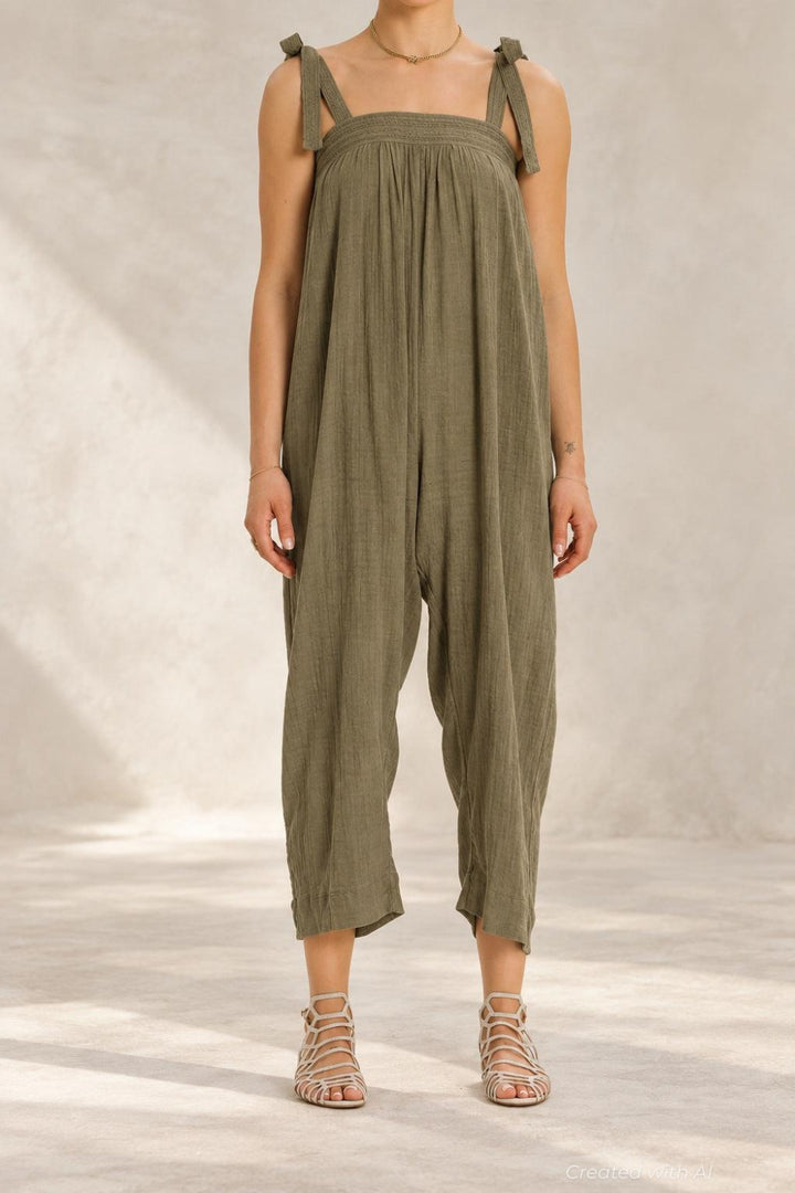 Tie Shoulder Wide Leg Jumpsuit - Army - Jumpsuit