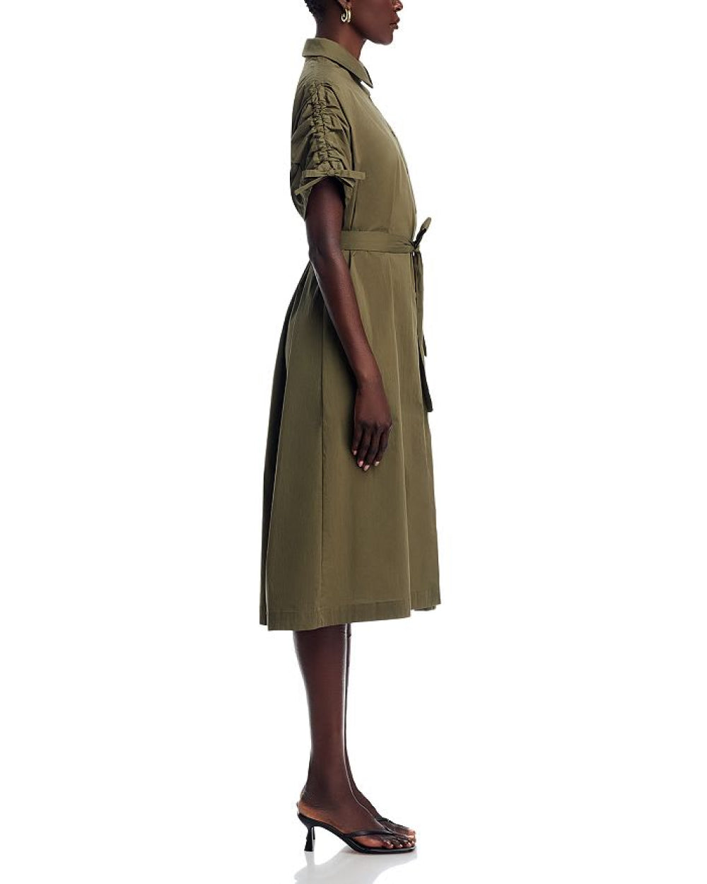 Tie Waist Elbow Sleeve Dress - Khaki - Dresses