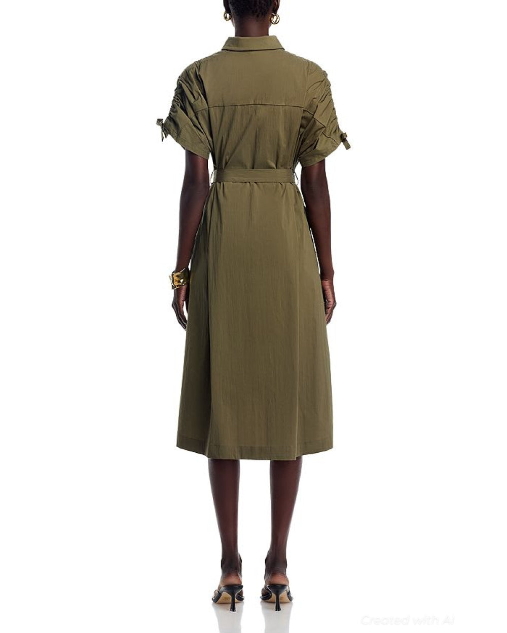 Tie Waist Elbow Sleeve Dress - Khaki - Dresses