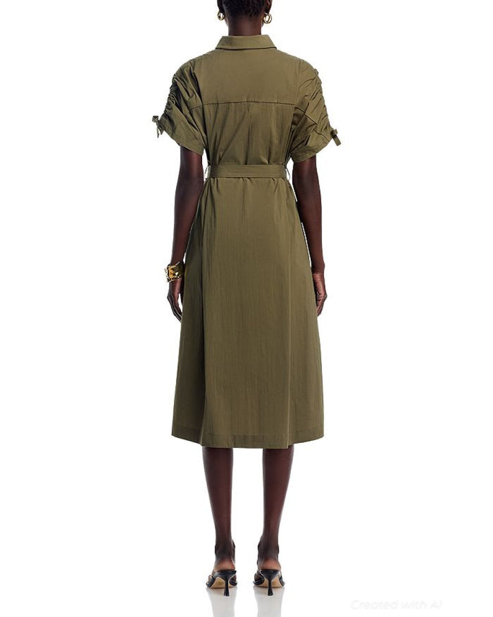 Tie Waist Elbow Sleeve Dress - Khaki - Dresses