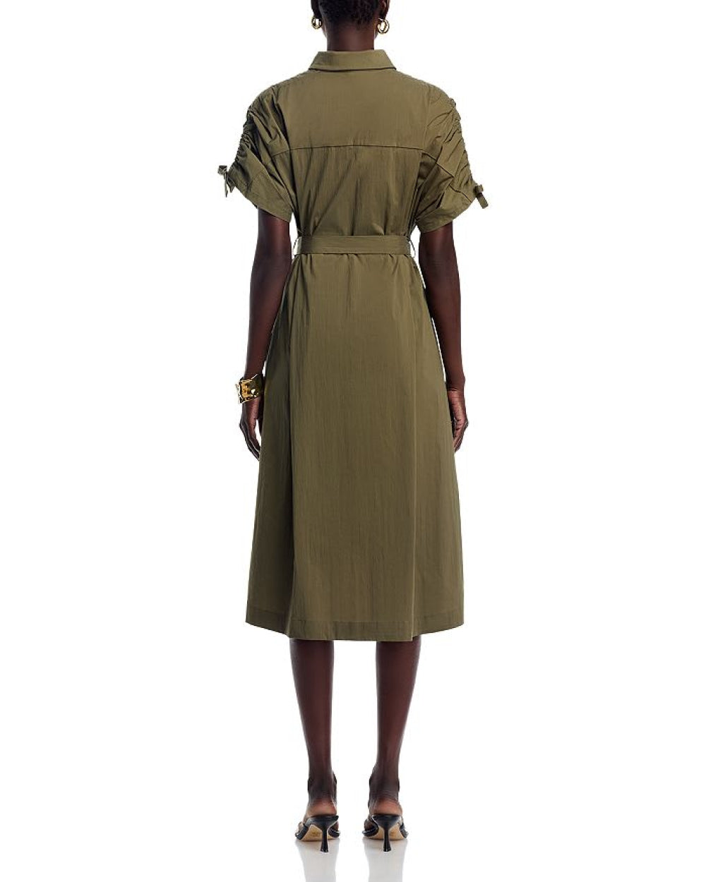 Tie Waist Elbow Sleeve Dress - Khaki - Dresses