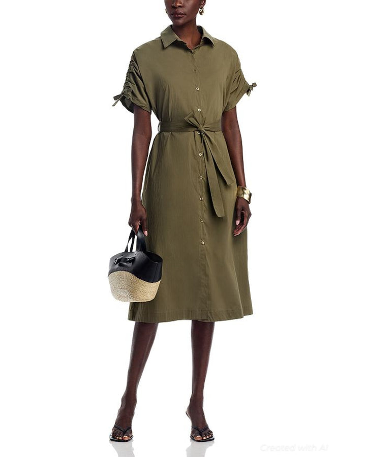 Tie Waist Elbow Sleeve Dress - Khaki - Dresses