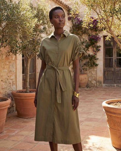 Tie Waist Elbow Sleeve Dress - Khaki - Dresses