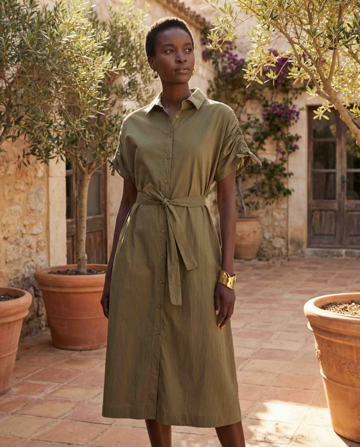 Tie Waist Elbow Sleeve Dress - Khaki - Dresses