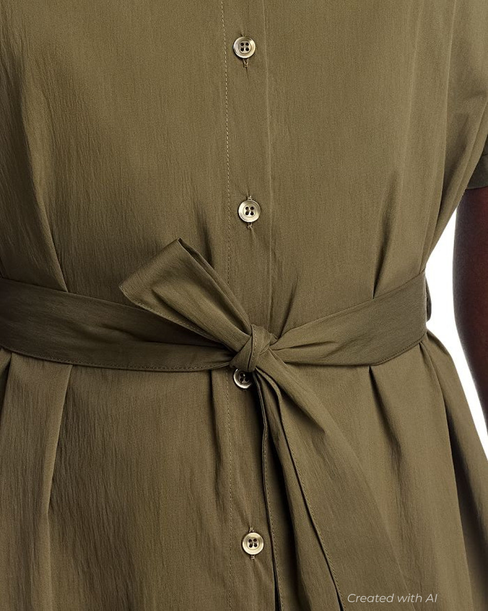 Tie Waist Elbow Sleeve Dress - Khaki - Dresses