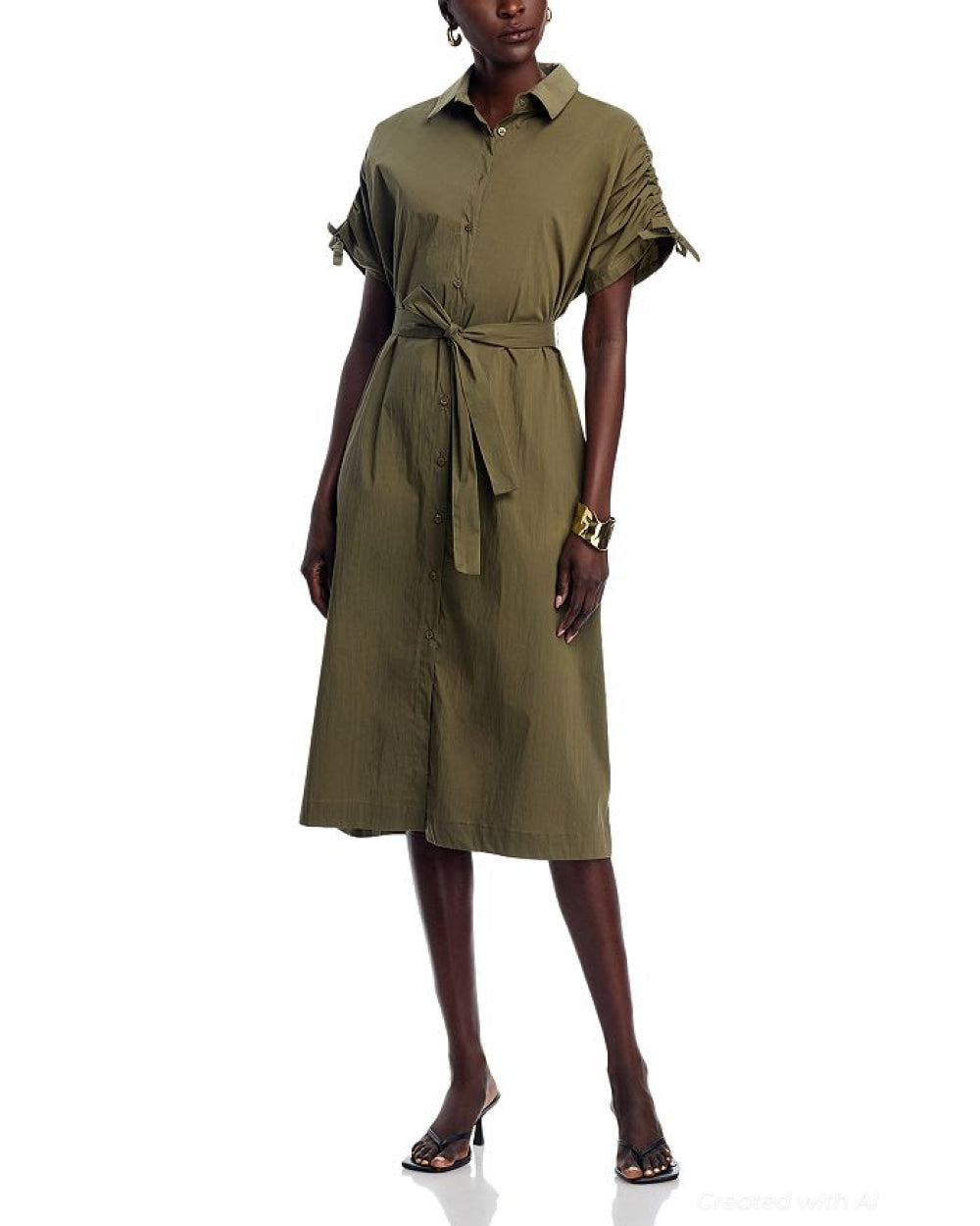 Tie Waist Elbow Sleeve Dress - Khaki - Dresses