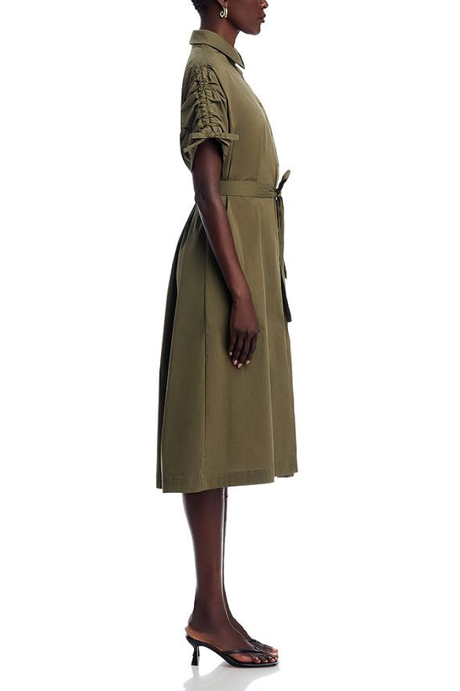 Tie Waist Elbow Sleeve Dress - Khaki - Dresses