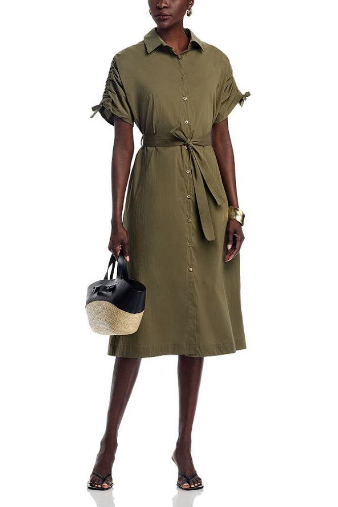 Tie Waist Elbow Sleeve Dress - Khaki - Dresses