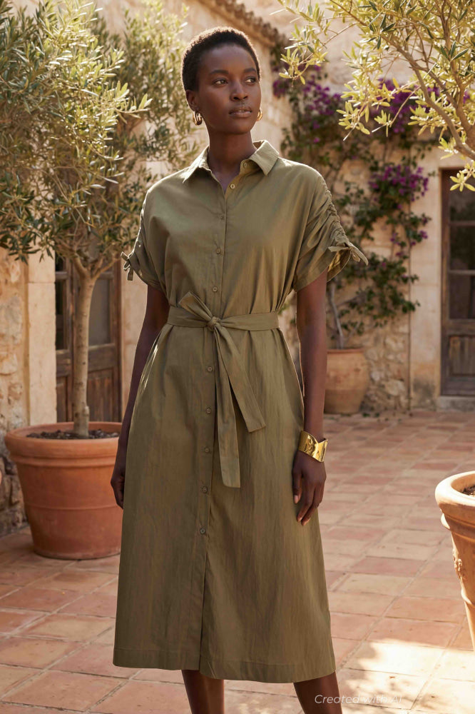 Tie Waist Elbow Sleeve Dress - Khaki - Dresses