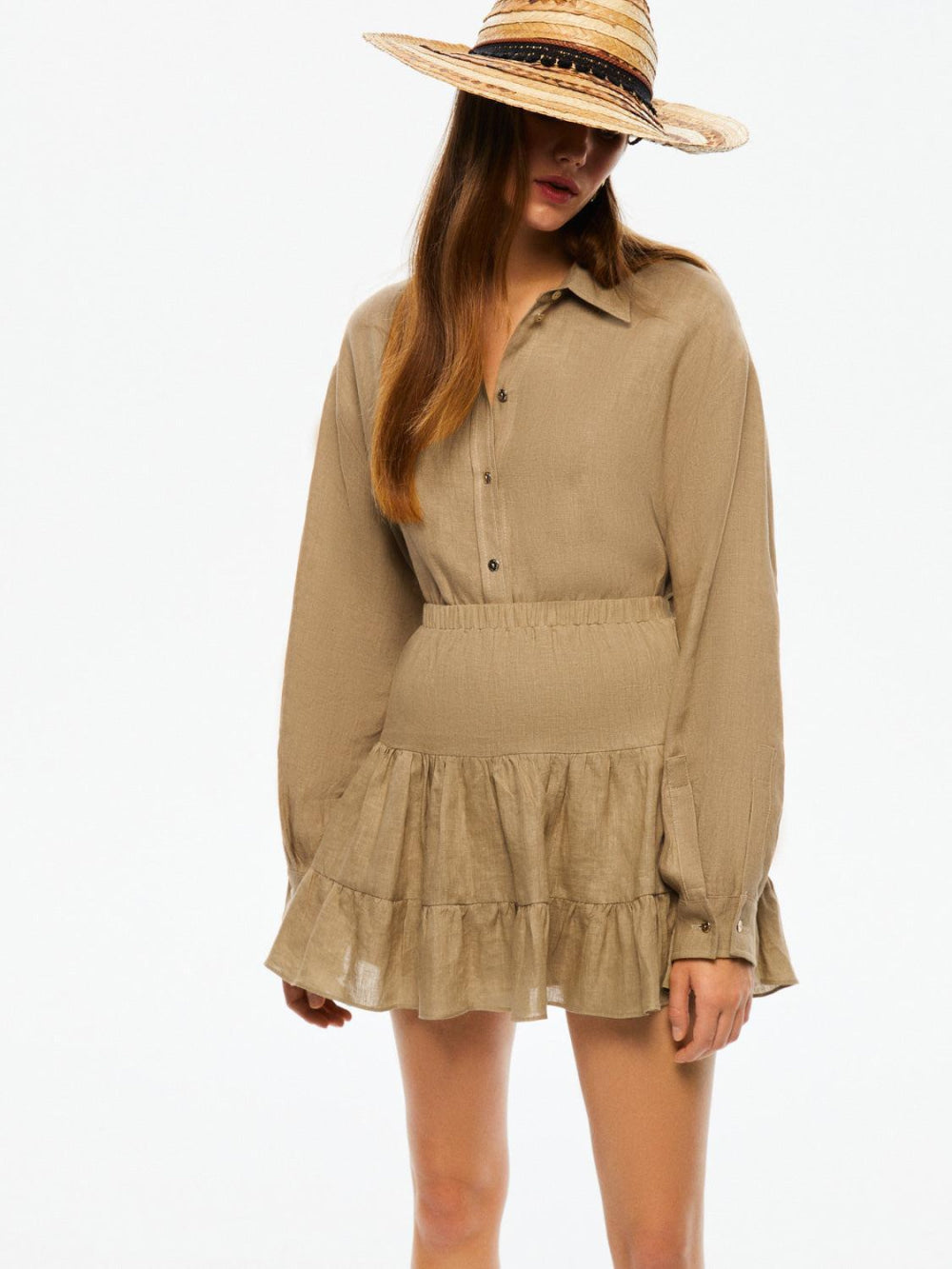 Tiered Mini Linen Skirt - Beige - Skirt